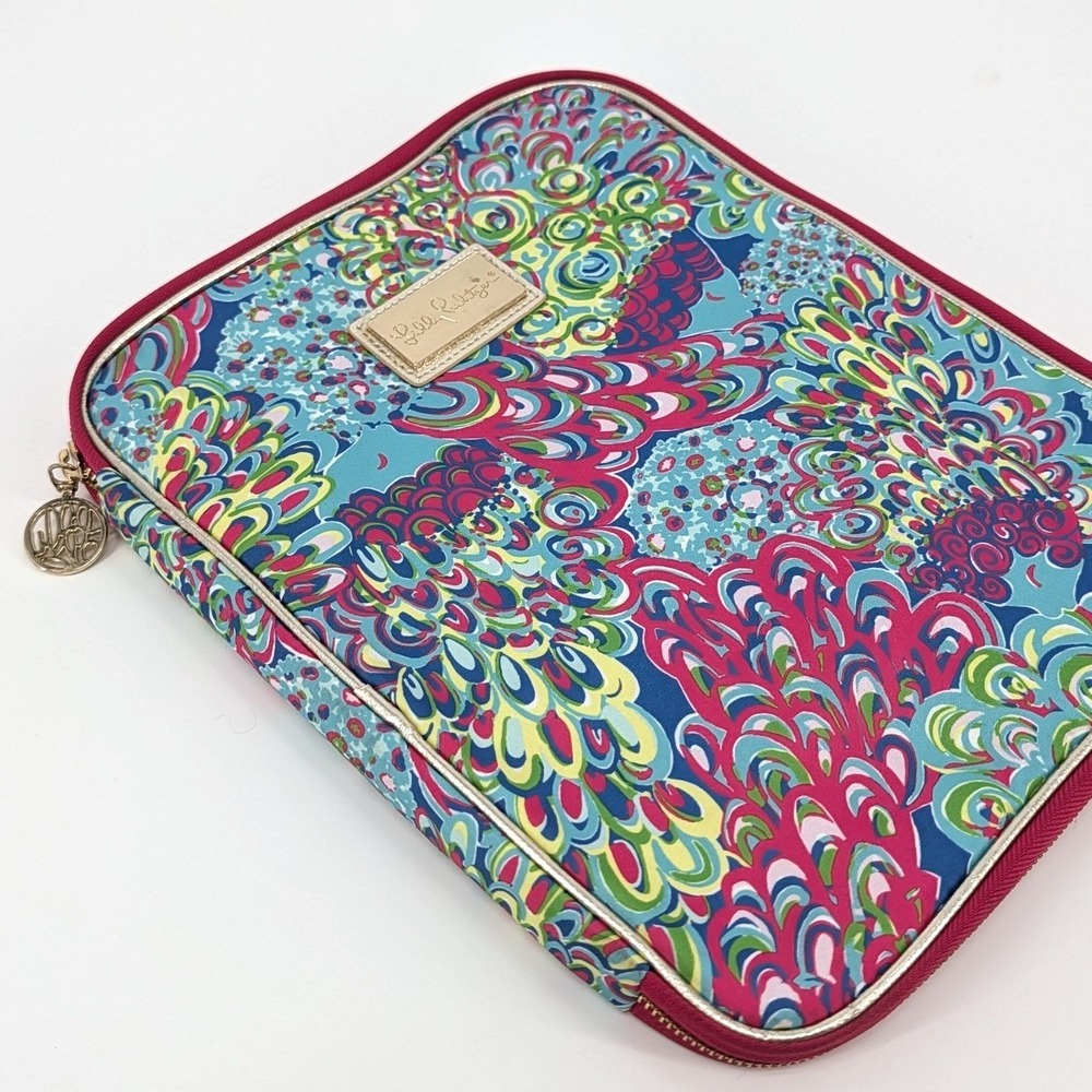 Lilly Pulitzer Tech Organizer Case Peacock Print Gold Trim Tablet Folio 12x9.5